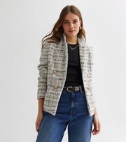 New Look Off White Check Boucle Button Front Utility Jacket